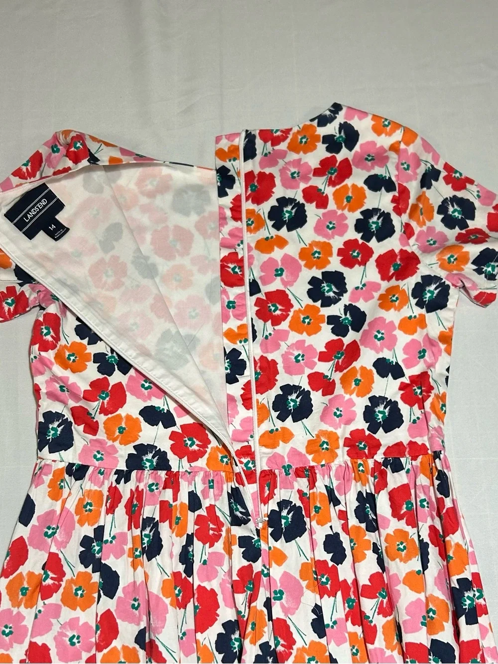 Lands' End Girls 14 Peony Flower Short Sleeve Fit & Flare Classic Cotton Dress